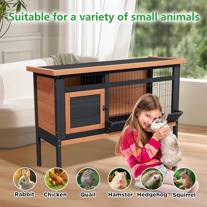 Elevated Guinea Pig Cage, Wooden Rabbit Hutch with Pull-Out Tray for Easy Cleaning, Waterproof Roof Small Animal House Indoor/Outdoor with Metal Mesh Base, for Bunny, Hamster, Quail (Orange/Black)