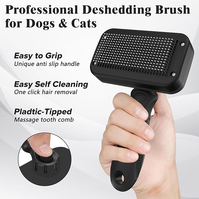 2PCS Self Cleaning Slicker Brush & Dog Comb - Skin Friendly Deshedding Grooming Tool for Dogs, Cats and Small Animals, Professional Deshedding Dematting Tool for Long and Short Haired Pets (Black)