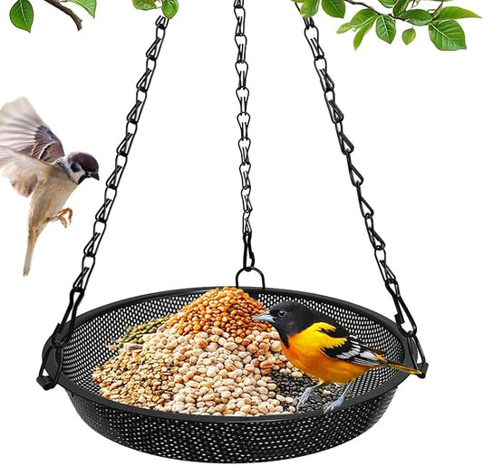 Hanging Bird Feeder for Outdoors – 9 in Metal Mesh Bird Feeder Tray Platform for Small Wild Birds, Black