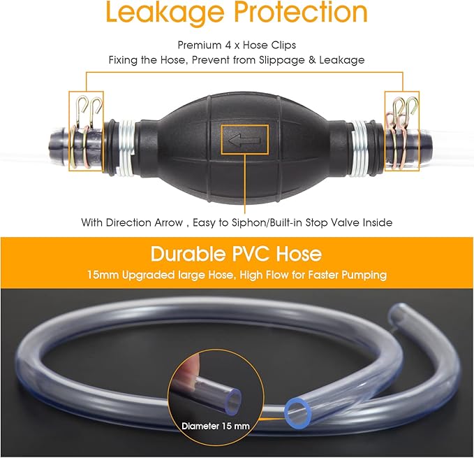 H-veenjor Gasoline Siphon Hose Pump, Hand Water Transfer Pump | Gas Siphon Pump for Water Oil Petrol Diesel, Manual Fuel Pump with 2 Premium PVC for Lawnmover Motocycle Tractor Fish Tank