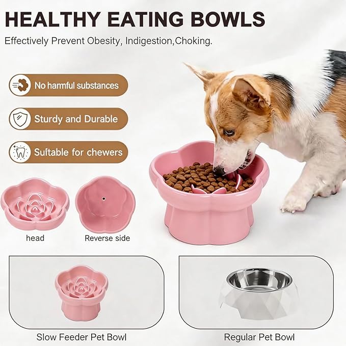 Cat Slow Feeder Flower-Shaped Ceramic Slow Feeder Cat Bowl, Tilted Raised Cat Slow Feeder Bowl for Whisker Relief, Prevents Vomiting & Bloating, Non-Slip Base (Pure Pink)