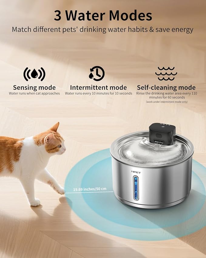 NPET Wireless Cat Fountain Stainless Steel, 1 Gallon/135oz Battery Operated Automatic Pet Drinking Fountain - Cordless Dog Water Dispenser with 8 Replacement Filters for Cats and Dogs Indoor