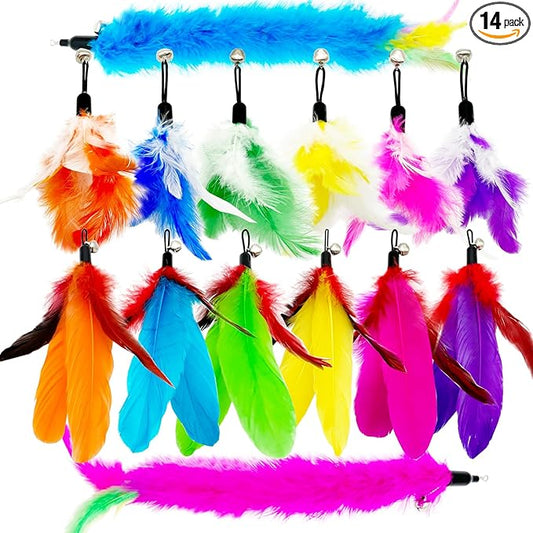 Cat Feather Toys Refills, 14 Pieces Natural Feathers Refills, Cat Wand Replacement Feathers Toy for Indoor Cats