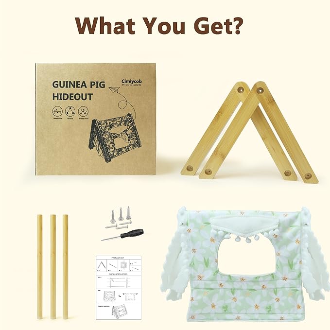 Guinea Pig Hideout, Sturdy Bamboo Small Animal House with Window, Rabbit Bunny Tunnel, Easy to Assemble for Hamsters Bunny Rat Chinchillas Playing Hiding, Guinea Pig Cage Accessories, Mushroom