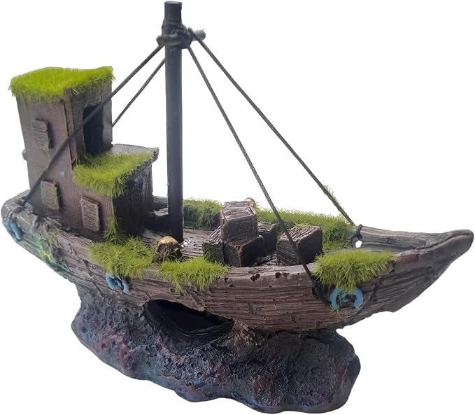 kathson Betta Fish Tank Shipwreck,Aquarium Sunken Ship Decorations Resin Sunken Boat with Cave Hideouts Fish Tank Shipwrecks Decor Saltwater Freshwater Aquarium Ornaments for Hiding Accessories