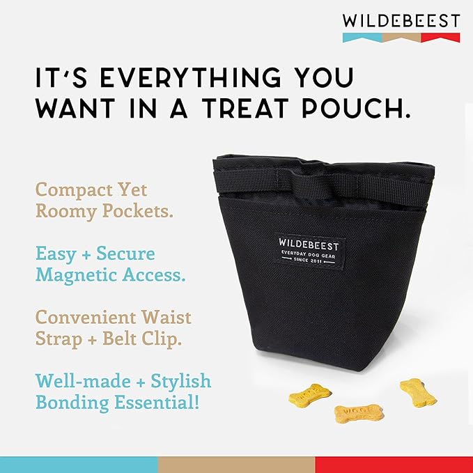 Wildebeest Dog Treat Pouch, Dog Treat Bag, Dog Training Treat Pouch, Dog Travel Bag, Pet Treat Pouch, Magnetic Closure, 2 Water-Resistant Compartments, Detachable Waist Strap & Belt Clip