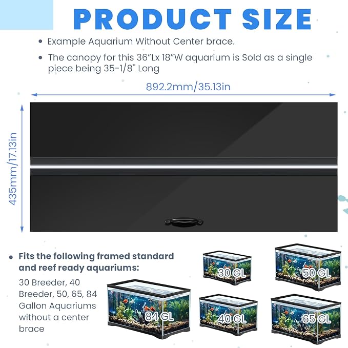 Sieral Aquarium Lids Polycarbonate Canopy with LED Light 35.13 x 17.13 x 0.12 Inch for 50/65/84 Gallon Without Center Brace Aquariums Cover Fish Tank Lid with a Hook Knife, Black