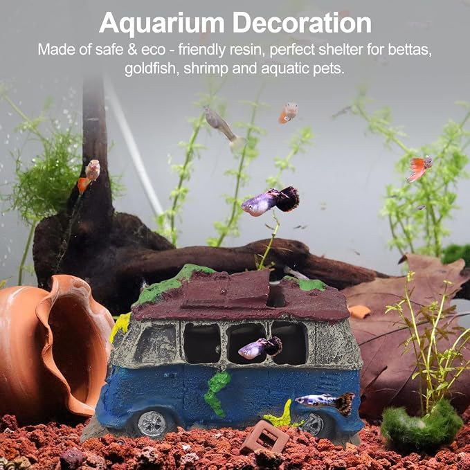 Virekm Resin Rock Cave Hideouts for Fish Tank Aquarium Decor | Safe Natural Design Aquarium Ornaments for Betta, Goldfish, Shrimp, Easy To Clean Tank Landscape Decor (School Bus)