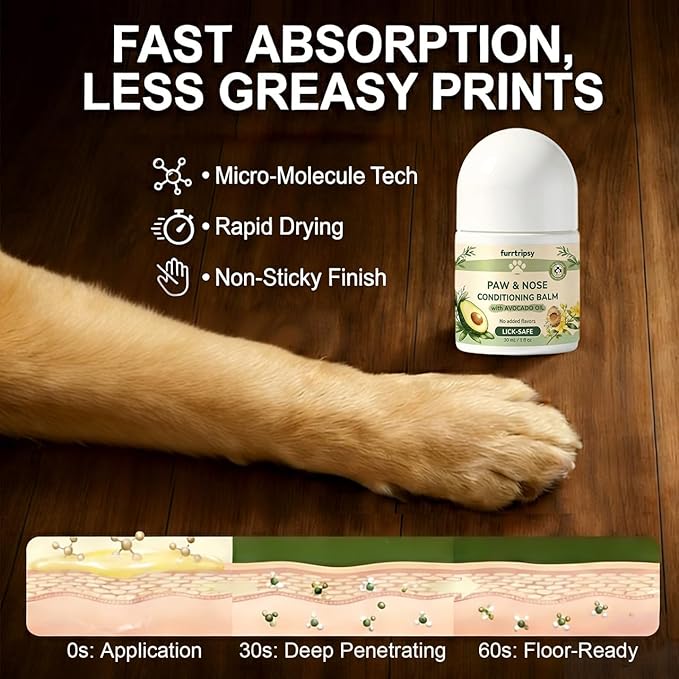 Paw and Nose Balm Stick for Dogs Cats Horse Lick-Safe Roll-On | Natural Moisturizer with Avocado Oil and Vitamin B5 | Paw Protector for Hot Pavement & Ice Melt 30ml
