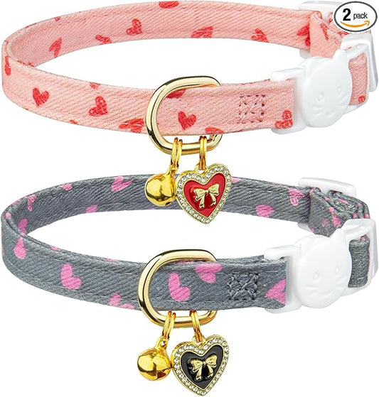 2 Pack Cotton Breakaway Cat Collar Pink and Gray Heart Shaped Pendant Cute Kitten Cat Collar with Bell
