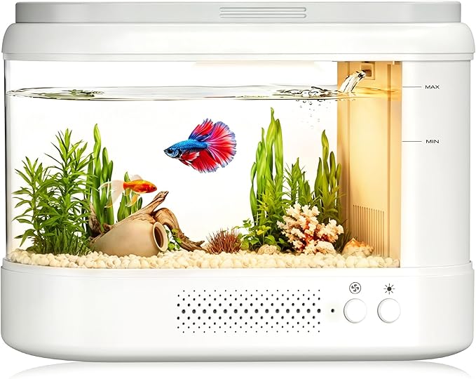 Betta Fish Tank White 1 Gallon Acrylic Small Aquarium Kit | with Water Filter Pump & LED Light,Quiet Living Room Desktop Fish Bowl for Small Fish,Plants and Shrimp