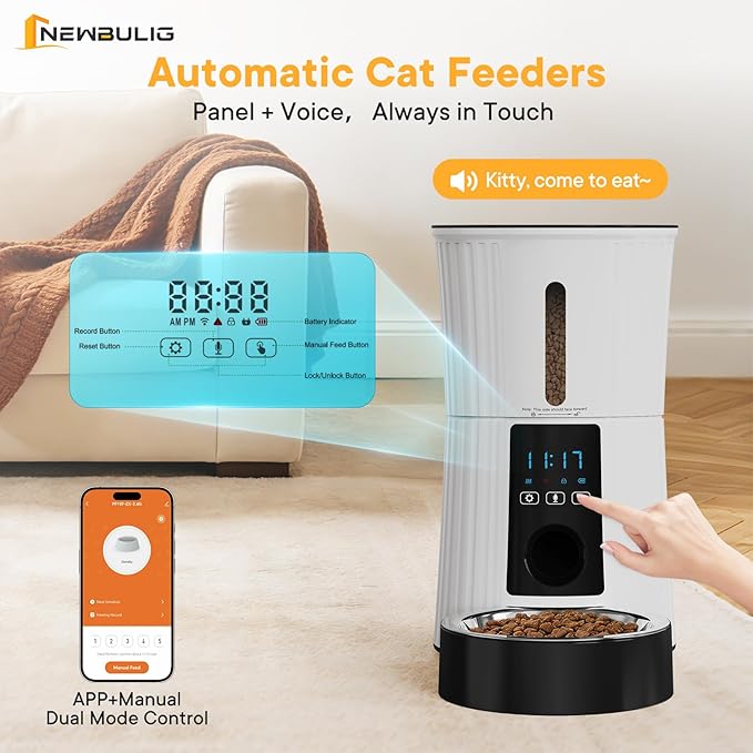 NEWBULIG 4L Automatic Cat Feeder with APP, Timed Pet Feeders for Dry Food with Portion Control, 1-10 Meals Per Day, Dog Food Dispenser with 10s Voice Recorder, Dual Power Supply, Desiccant Bag(White)