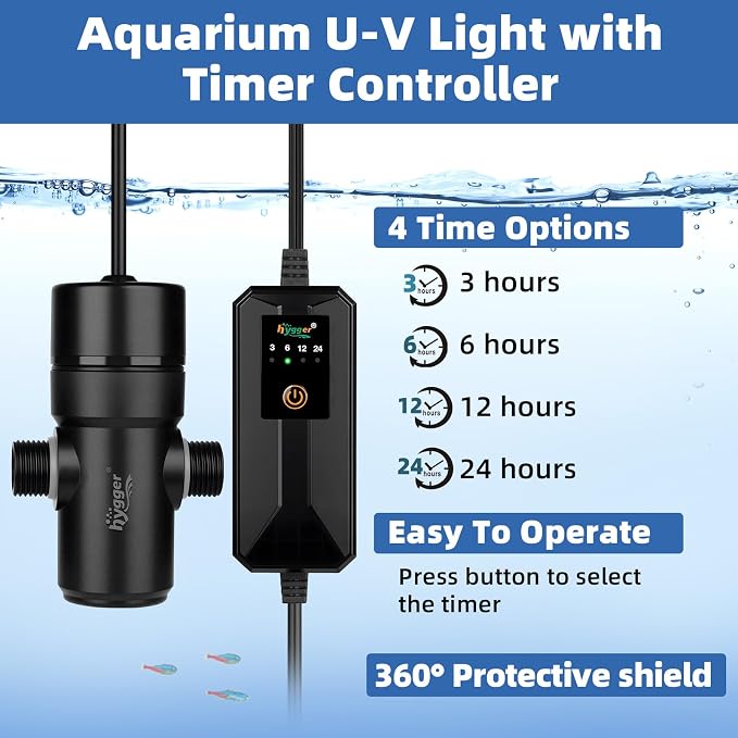 hygger Aquarium U-V Light, 5W U-V-C Lamp with Timer for 10-40 Gallon Tanks | Compact U-V light with Timer, 360° ABS Protective Shield, Freshwater or Saltwater Aquariums, Clear Water Support