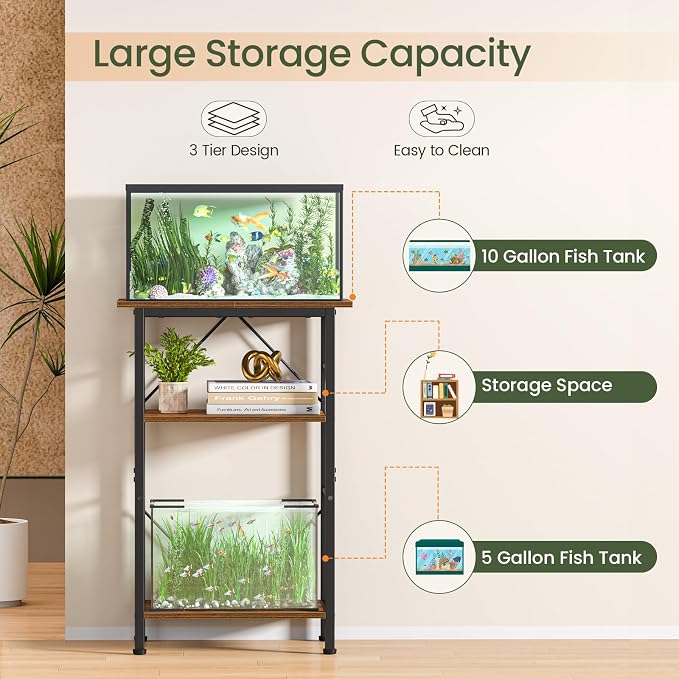 Snughome 5-10 Gallon Aquarium Stand, 3 Tier Fish Tank Stand with Storage, Fish Tank Stand with Metal Frame, Reptile Turtle Tank Stand for Home Office, 20.47" x 11.02" x 30.52", Rustic Brown