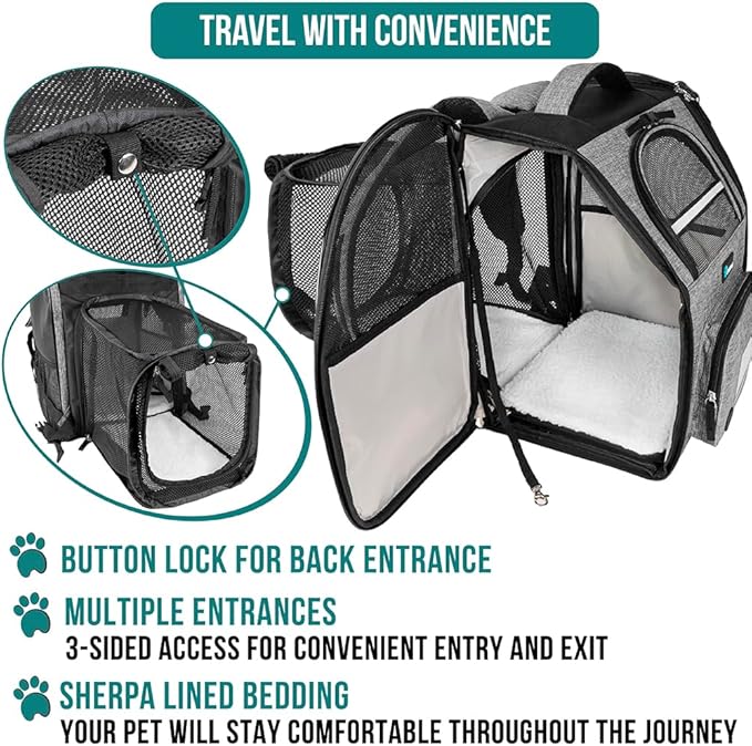 PetAmi Expandable Dog Backpack Carrier for Cats & Pets, Breathable Cat Carrier Backpack with Top Window & Multi-Entry, Ventilated Foldable Travel Carrier for Small Medium Pets up to 18 lbs, Light Gray