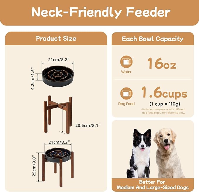 Havniva Elevated Slow Feeder Dog Bowls, 1.6 Cups Raised Ceramic Dog Food Bowls with Acacia Wood Stand, 8.2 inch Slow Feeder for Medium Dogs Puzzle Bowls for Fast Eater Anti-Choking
