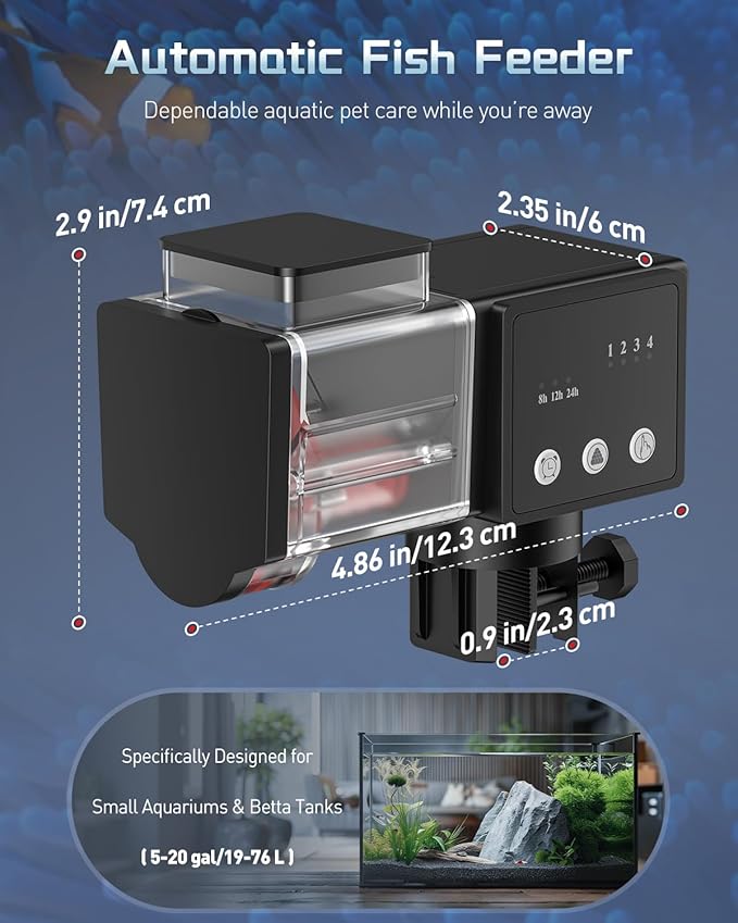 Pawfly Automatic Fish Feeder for Aquarium, 85 mL Auto Fish Feeder Automatic Dispenser, Adjustable Auto Fish Food Dispenser with Timer, Fish Food Vacation Feeder, Battery Operated (Not Included)
