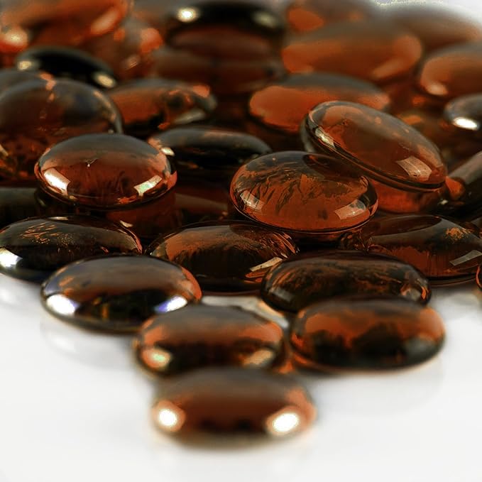 CYS EXCEL X-Large 1.1"-1.35" Dark Amber Glass Flat Gemstone Vase Fillers (1 LB) Marble Beads Aquarium Rocks Floral Supplies Stones Decorative Mosaic Gem Pebbles (Approx. 28-35 PCS)