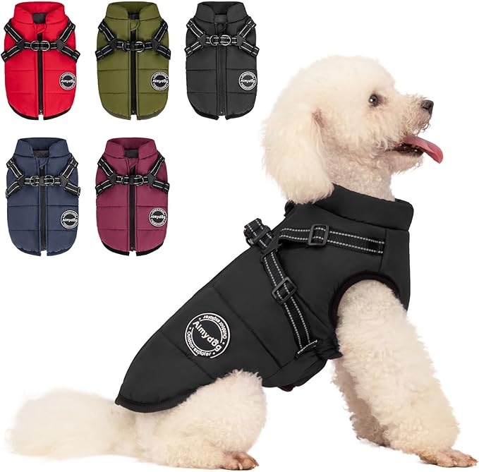 Dog Winter Coat, Warm Dog Jacket Reflective Adjustable Fleece Vest with Harness Built in, Windproof Pet Snow Jacket Snowsuit with Zipper for Small Medium Dogs, Black XS