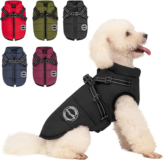 Dog Winter Coat, Warm Dog Jacket Reflective Adjustable Fleece Vest with Harness Built in, Windproof Pet Snow Jacket Snowsuit with Zipper for Small Medium Dogs, Black XS