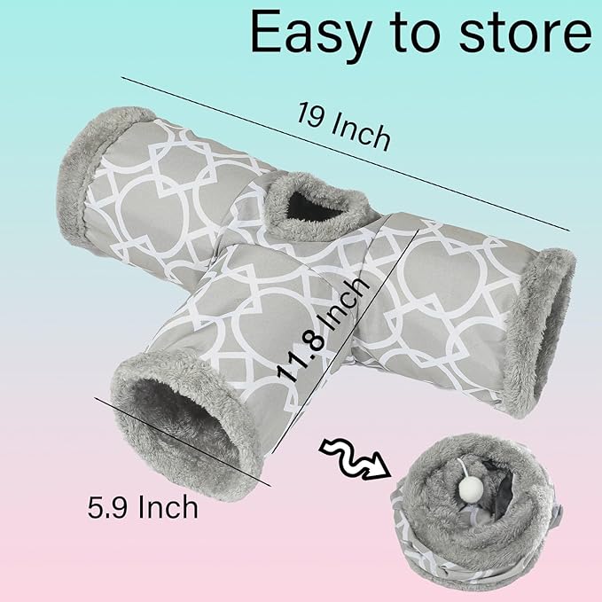 LUCKITTY Plush Inside 3-Way Shape Small Animals Tube Tunnel with Interactive Ball for Guinea Pig, Hamster, Chinchilla, Hedgehog Hiding and Resting, Geometric Grey