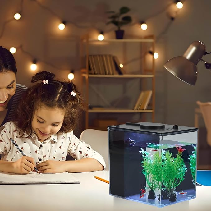 Mini Fish Tank Betta Aquarium Starter Kits Multifunctional Desktop with Switch Button LED Aquarium Kit White, 1 Gallon（Black）