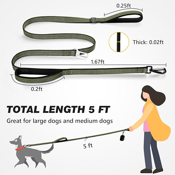 WINGOIN Dog Leash for Large Medium Small Dogs, Heavy Duty Dog Leashes with Double Handle, Poop Bag Holder, Car Seat Belt Buckle, Reflective Tactical Pet Lead for Walking, Training (Green, 5FT)