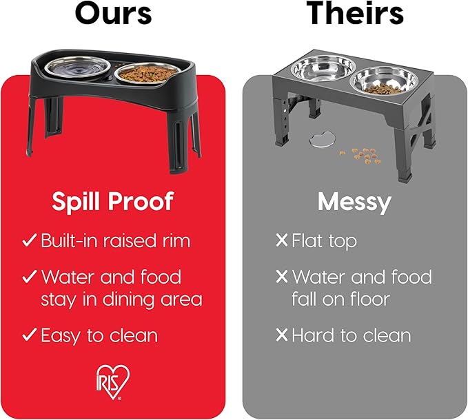 IRIS USA Elevated Dog Bowls Adjustable Stand, Raised Feeding Station with 2 Stainless Steel 64 oz Bowls, Spill Guard, Dual Height 12.25" or 4.63", Made in USA, Black