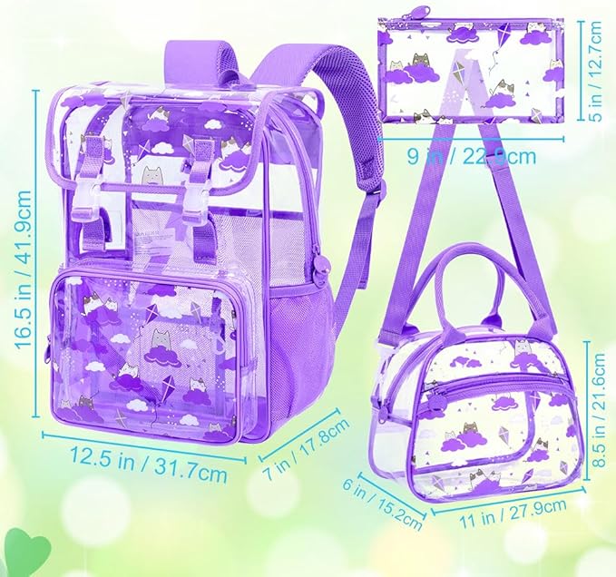 17" Cat Clear Backpack for Girls - 3Pcs Flip Design Stadium Approved Set, Campus/School Transparent Bookbag (Purple)