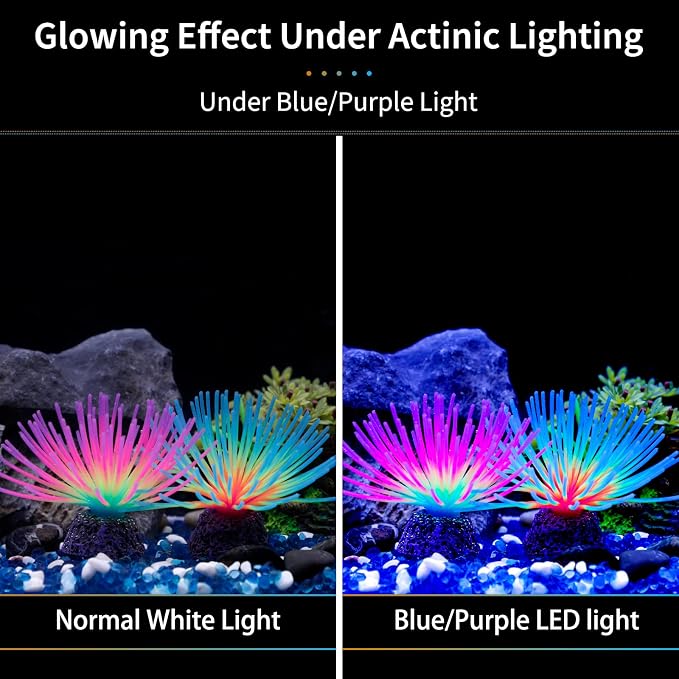 Uniclife Aquarium Imitative Rainbow and Iridescent Blue Sea Urchin Balls Artificial Silicone Ornament Set with Glowing Effect for Fish Tank Landscape Decoration