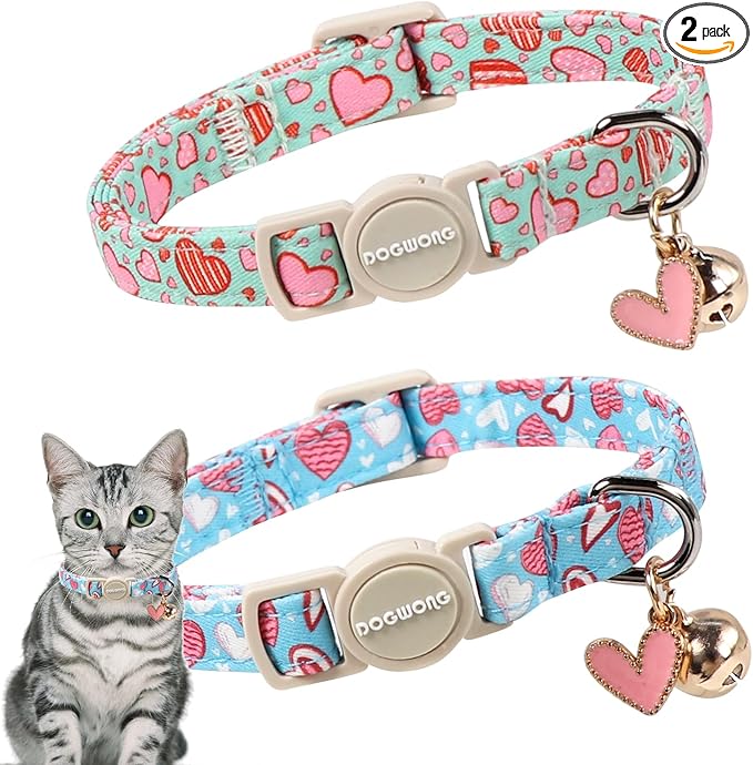 Cat Collar,2 Pack Valentines Day Cat Collar Breakaway,Safety Adjustable Collars with Bell for Kitten，Adjustable 7-12 Inch,Pet Supplies Accessories