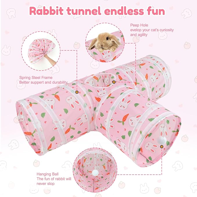 BWOGUE Bunny Tunnels & Tubes Collapsible 3 Way Bunny Hideout Small Animal Activity Tunnel Toys for Dwarf Rabbits Guinea Pigs Kitty