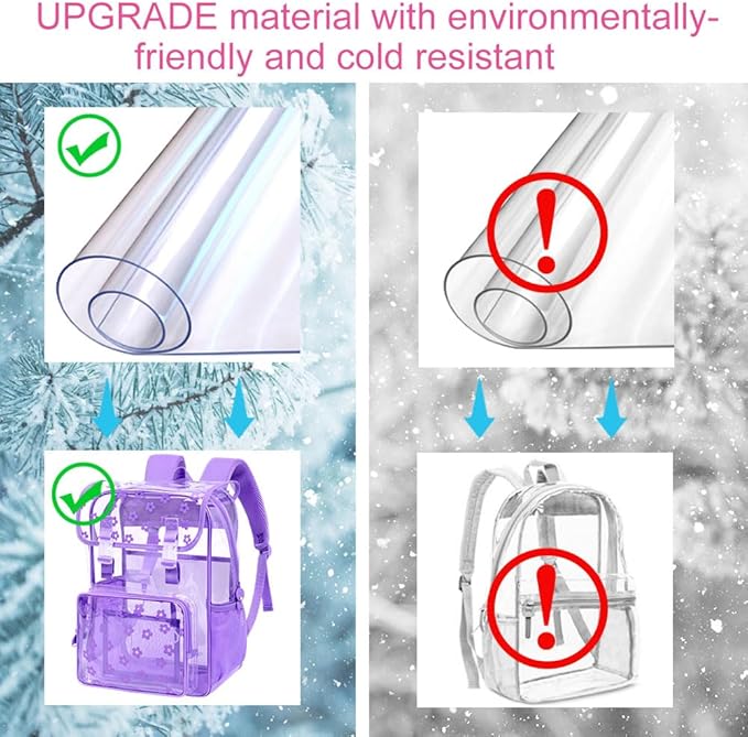 17" Plum Blossom Clear Backpack for Girls - 3Pcs Flip Design Stadium Approved Set, Campus/School Transparent Bookbag (Purple)