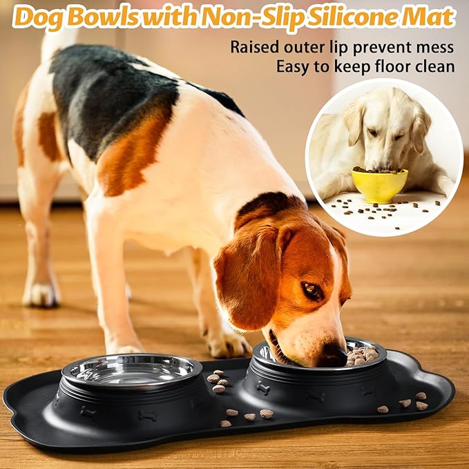 Hubulk Pet Dog Bowls 2 Stainless Steel Dog Bowl with No Spill Non-Skid Silicone Mat + Pet Food Scoop Water and Food Feeder Bowls for Feeding Small Medium Large Dogs Cats Puppies (Large, Black)