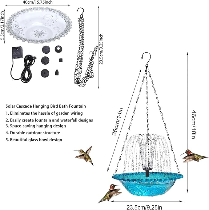 2026 Solar Cascade Hanging Bird Bath Fountain - 3 Layers Outdoor Water Feature for Hummingbirds, Easy-Clean 9.3" Glass Basin with Solar Powered Pump, Attract Wild Birds to Garden, Patio (Pink)