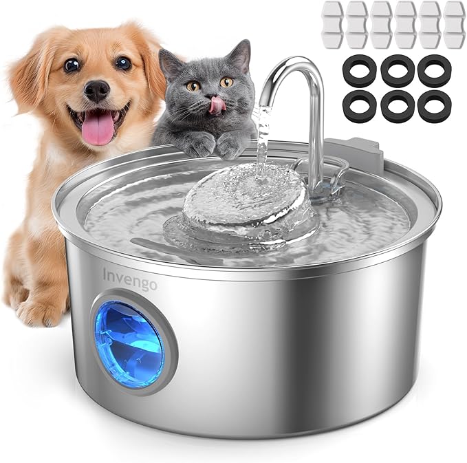 Invengo Cat Water Fountain Stainless Steel, 3.2L/108oz Pet Drinking Fountain for Cats Dogs, Automatic Cat Fountain with 2 Flow Modes, Splash-Proof Bowl, Includes 6 Replacement Filters