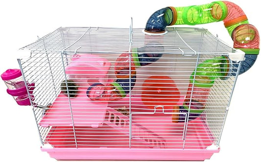 Pink 2-Levels Habitat Hamster Home Rodent Gerbil Mouse Mice Rat Wire Cage with Complete Set of Accessories Expansible and Customizable Hide House Exercise Running Wheel Food Bowl Water Bottle