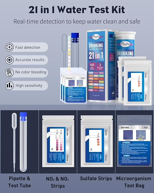Pawfly 21 in 1 Drinking Water Test Kit, 125 Strips for Tap Water Well Swimming Pool Aquarium Spa, Home Water Quality Test Strips for pH Hardness Chlorine Lead Iron Copper Nitrate Fluoride & More