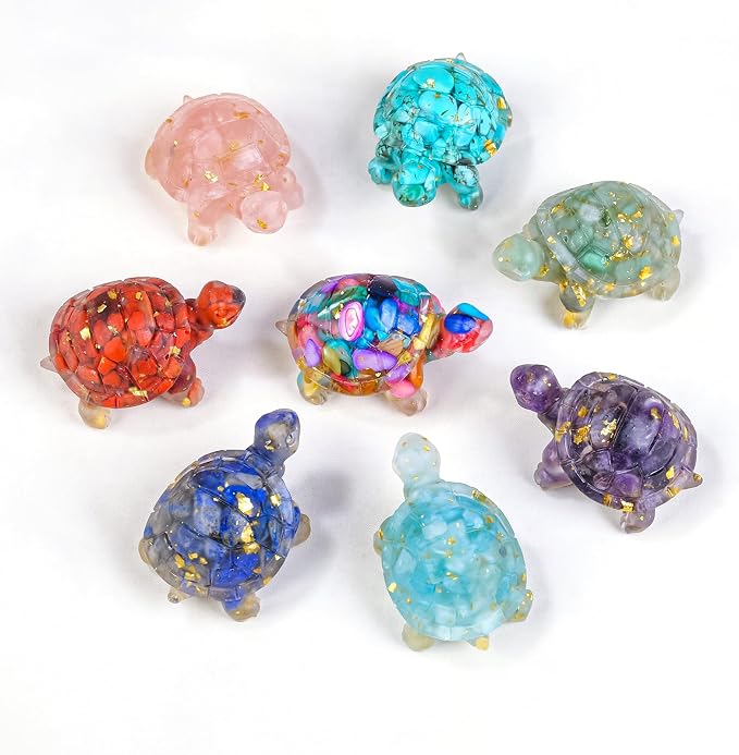8PCS Crystal Turtle Figurine Set for Teens- Handmade Sea Turtle Resin Decor for Home, Office & Fish Tank, Healing Crystal Animal Statues for Desk, Shelf or Meditation Space Gift