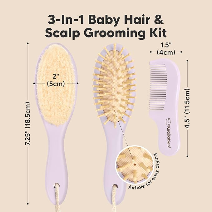 Baby Hair Brush Set for Newborns - Soft Goat Bristle Wooden Baby Brush and Comb Set Newborn Grooming Kit for Cradle Cap, Durable & Gentle, Boy, Girl Infant Essentials Care Kit (Regular, Thistle)