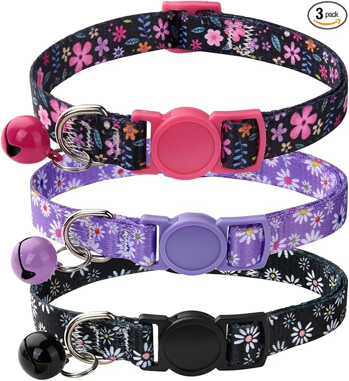 MarukoPet Cat Collar Breakaway with Bells, 3 Pack Girl Boy Pet Cat Collar with Bohemia Floral Tribal Geometric Patterns, Adjustable 7.5-12 Inch, with Safety Buckle for Kitten Cat(Set D)