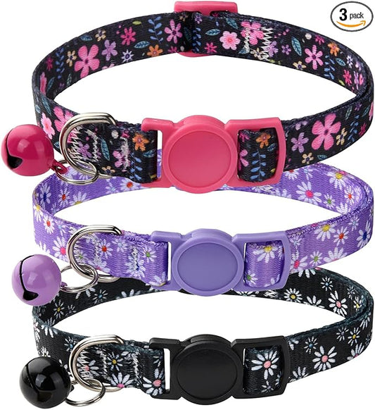 MarukoPet Cat Collar Breakaway with Bells, 3 Pack Girl Boy Pet Cat Collar with Bohemia Floral Tribal Geometric Patterns, Adjustable 7.5-12 Inch, with Safety Buckle for Kitten Cat(Set D)