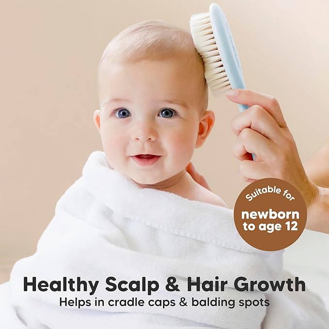 Baby Hair Brush Set for Newborns - Soft Goat Bristle Wooden Baby Brush and Comb Set Newborn Grooming Kit for Cradle Cap, Durable & Gentle, Boy, Girl Infant Essentials Care Kit (Regular, Frost)