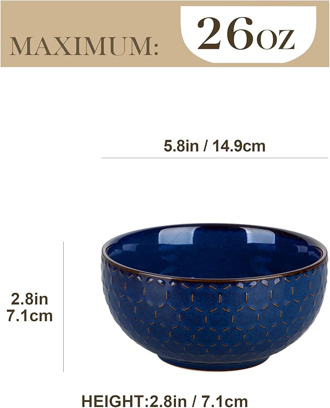 MALACASA Cereal Bowls, 30 Ounce Ceramic Blue Soup Bowl for Kitchen, Stoneware Bowls Set of 4 with Embossment for Pho, Chip, Fruits, Salad, Noodle, Ramen - 6 Inch, Series LYDIA