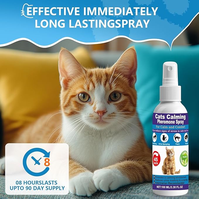 Cat Calming Pheromone Spray for Stress & Anxiety Relief – Reduces Scratching, Urine Spraying, Hiding – Drug-Free & Vet Recommended – Feline Calm Spray with F3 Facial Pheromone 2 * 100mL 8.5oz