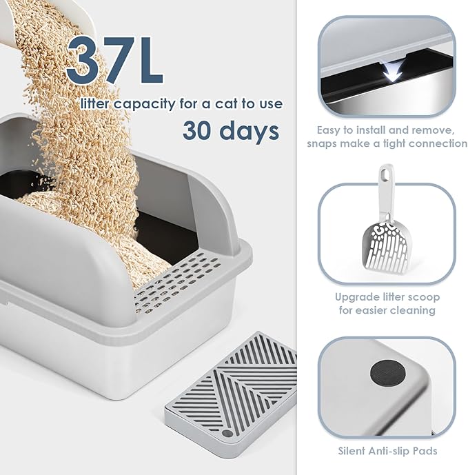 Suzzipaws Non-Sticky Coated Stainless Steel Cat Litter Box with Lid Extra Large Litter Box for Big Cats XL Metal Litter Pan Tray with High Wall Sides Enclosure, Anti-Leakage, Easy Cleaning