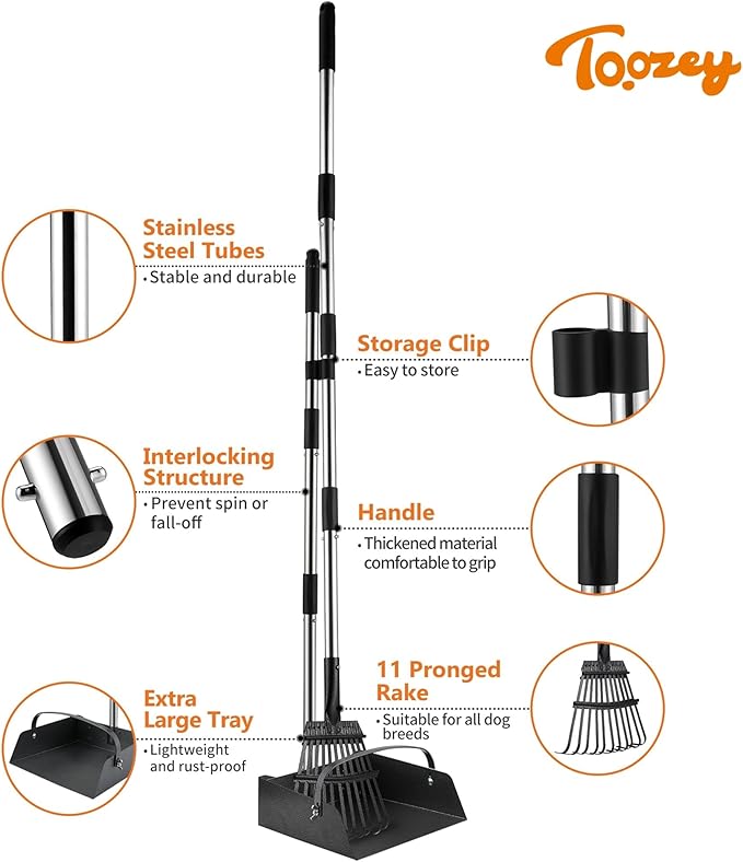 Toozey Dog Pooper Scooper for Large Dogs — 54" Extra Long Handle Poop Scooper for Yard Use, Extra Large Metal Tray & Bag Holder | Easy Cleanup for All Dog Sizes with 20 Bags