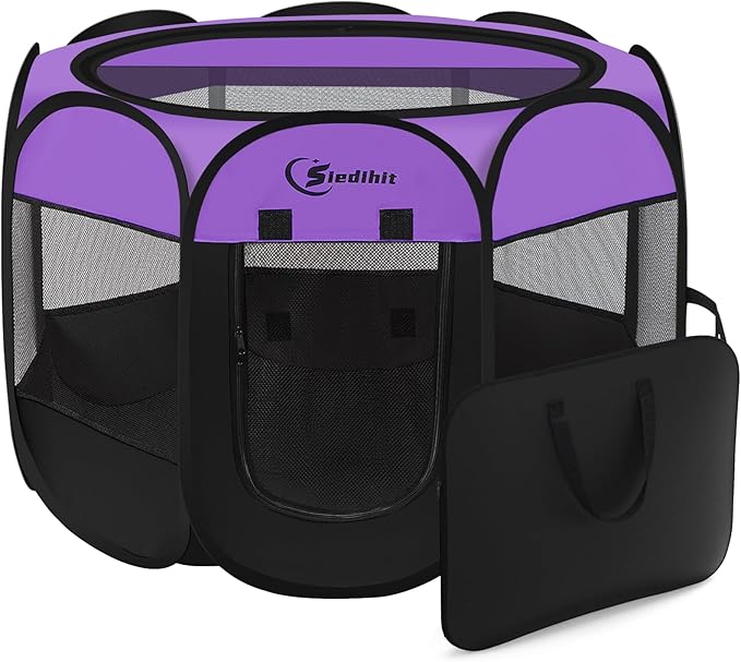Siedihit Dog Playpen, Puppy Pet Playpen, Dog Crate Tent Cage Indoor/Outdoor, Portable Pop Up Dogs Kennel Playpen with Carrying Case for Dogs/Cats/Rabbits, Purple, Medium