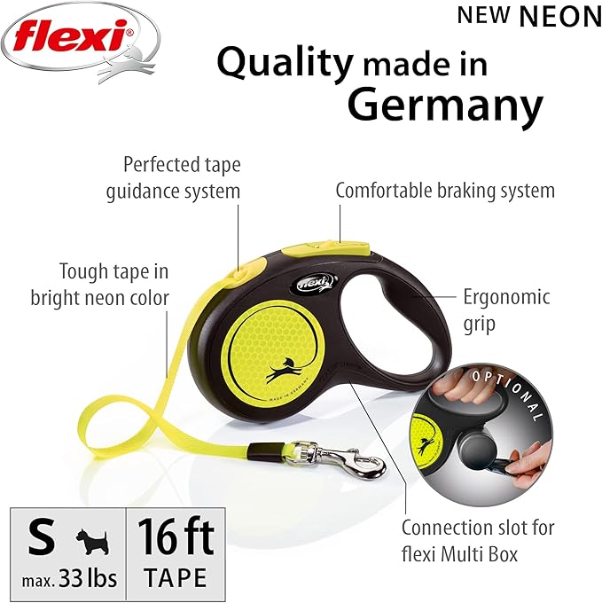 FLEXI New Neon Tape Retractable Dog Leashes for Small Dogs Upto 33 lbs. – 16 ft., Neon Yellow/Black | Tangle Free Pet Walking Leash with One-Handed Brake, Pause, Lock | German Quality Product