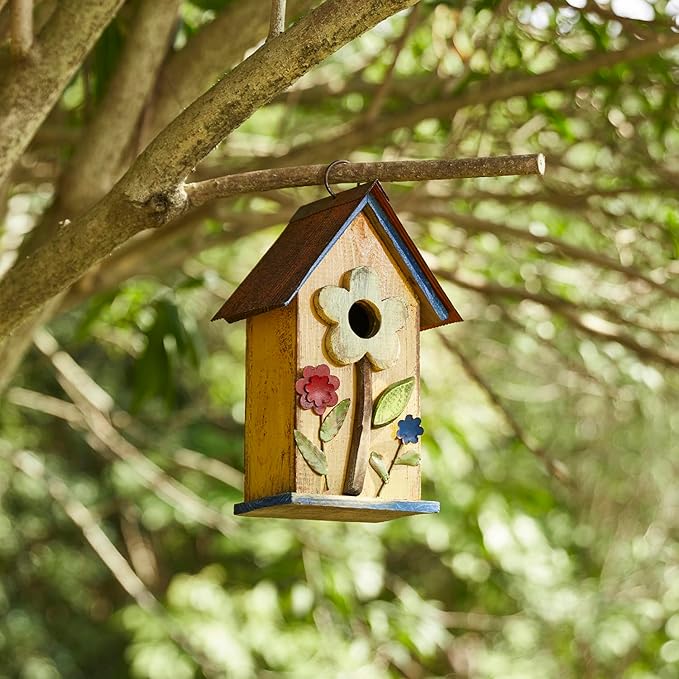 Glitzhome Bird Houses for Outside, 10.25" Wooden Bird House Hanging Birdhouse Distressed Flower Garden Bluebird House for Outdoor, Bird Nest Box for Bluebird Wren Chickadee Sparrow